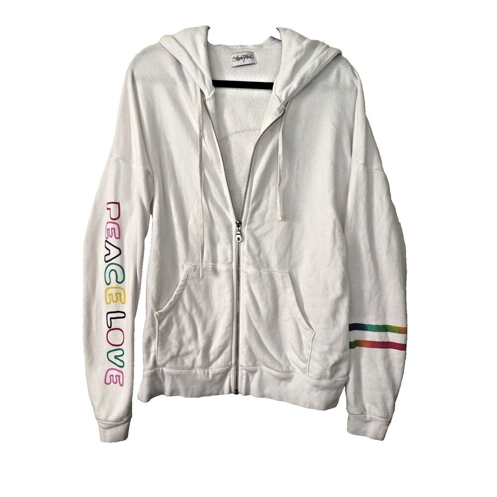 Lauren Moshi Women White Cotton Hoodie Skull Peace Love Graphic Zip Size Large - Picture 2 of 10